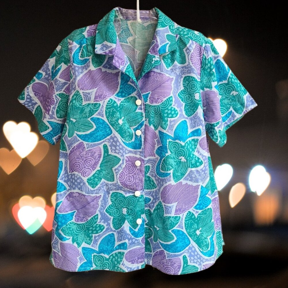 Womens Top Blouse Button Front Short Sleeves Blue Green Purple Size L